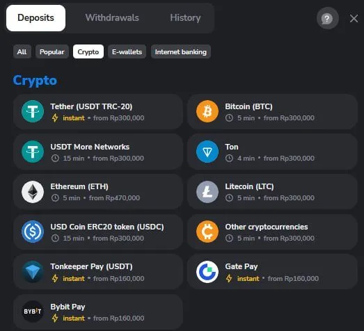 Kasir Binomo — Kripto (USDT, BTC, ETH, LTC, dll).