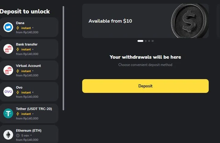 Kasir Binomo — tab Penarikan: rincian metode & label "Biaya mulai dari 0%".