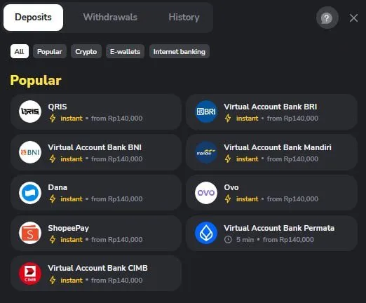 Kasir Binomo — Internet banking / Virtual Account (QRIS, BCA, BRI, BNI, Mandiri, Permata).